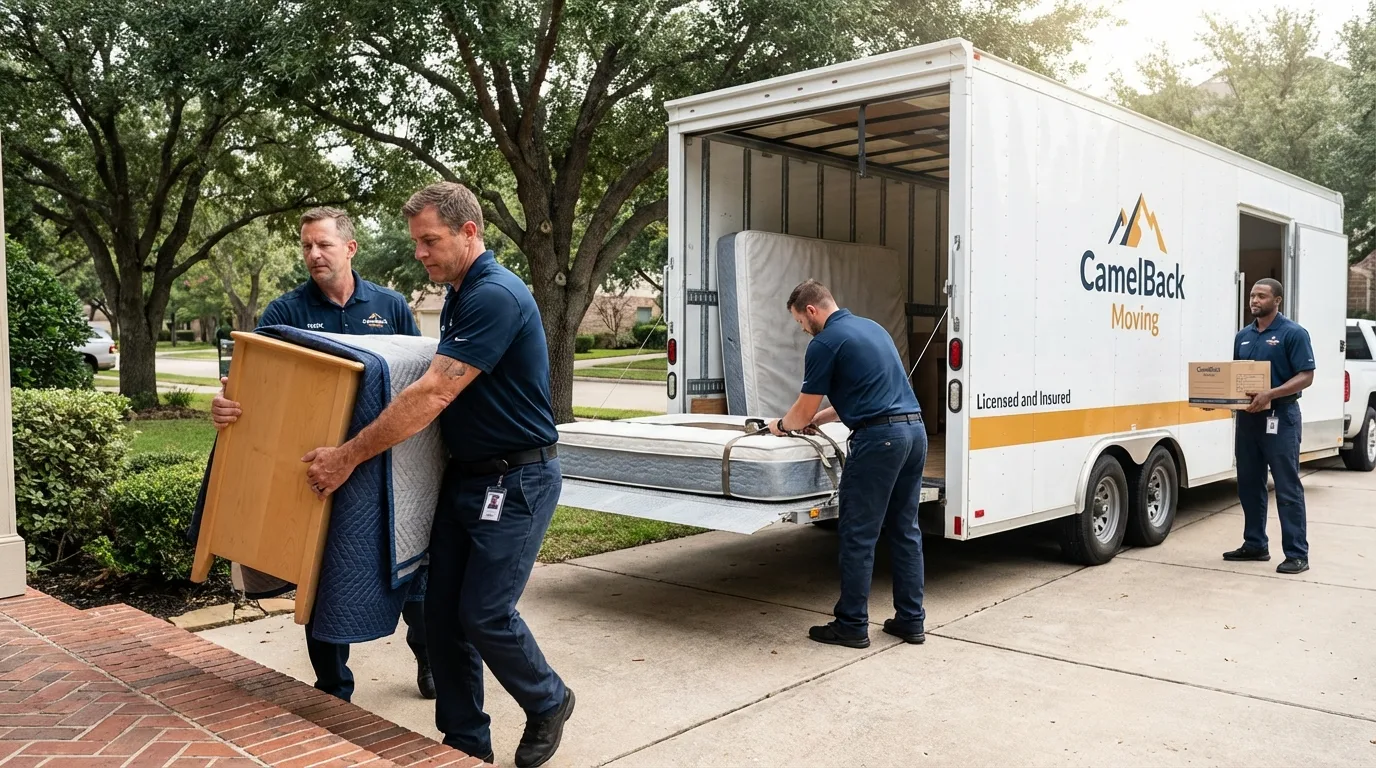 Crew loading residential truck for cross-state move from League City, TX