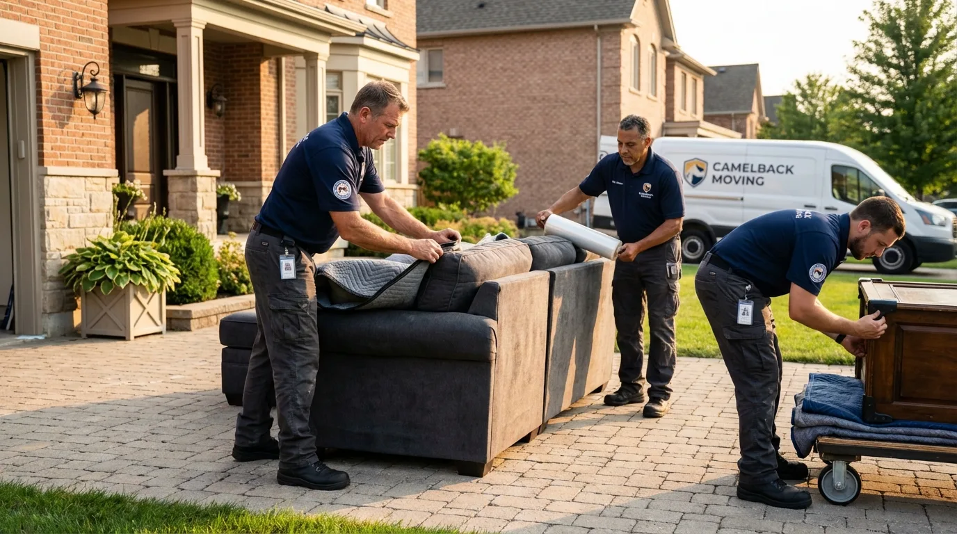 Large estate moving crew wrapping furniture in League City, TX