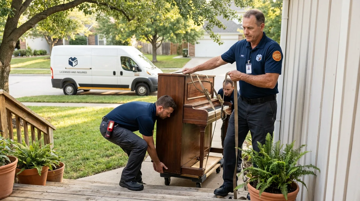 Licensed piano movers securing grand piano in League City, TX