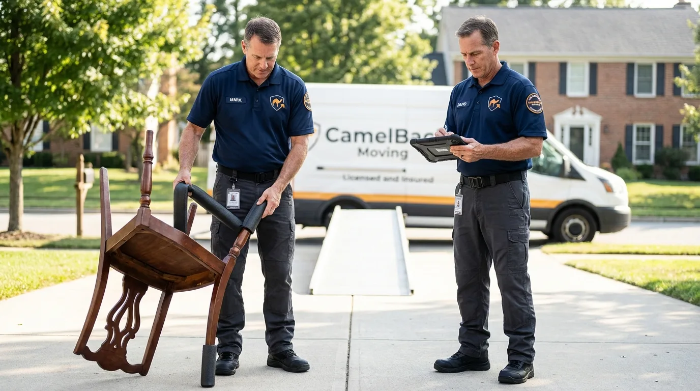 Movers inspecting furniture for damage prevention before loading in League City, TX