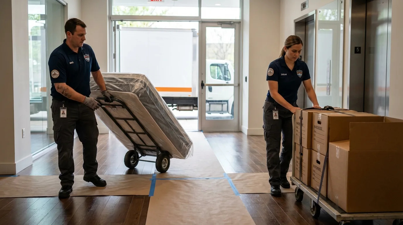 Professional apartment movers loading elevator in League City, TX
